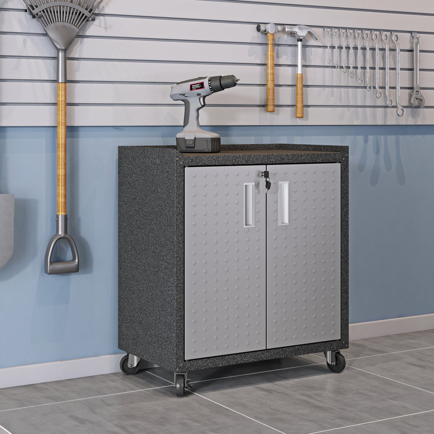 Fortress Textured Metal 31.5" Garage Mobile Cabinet with 2 Adjustable Shelves