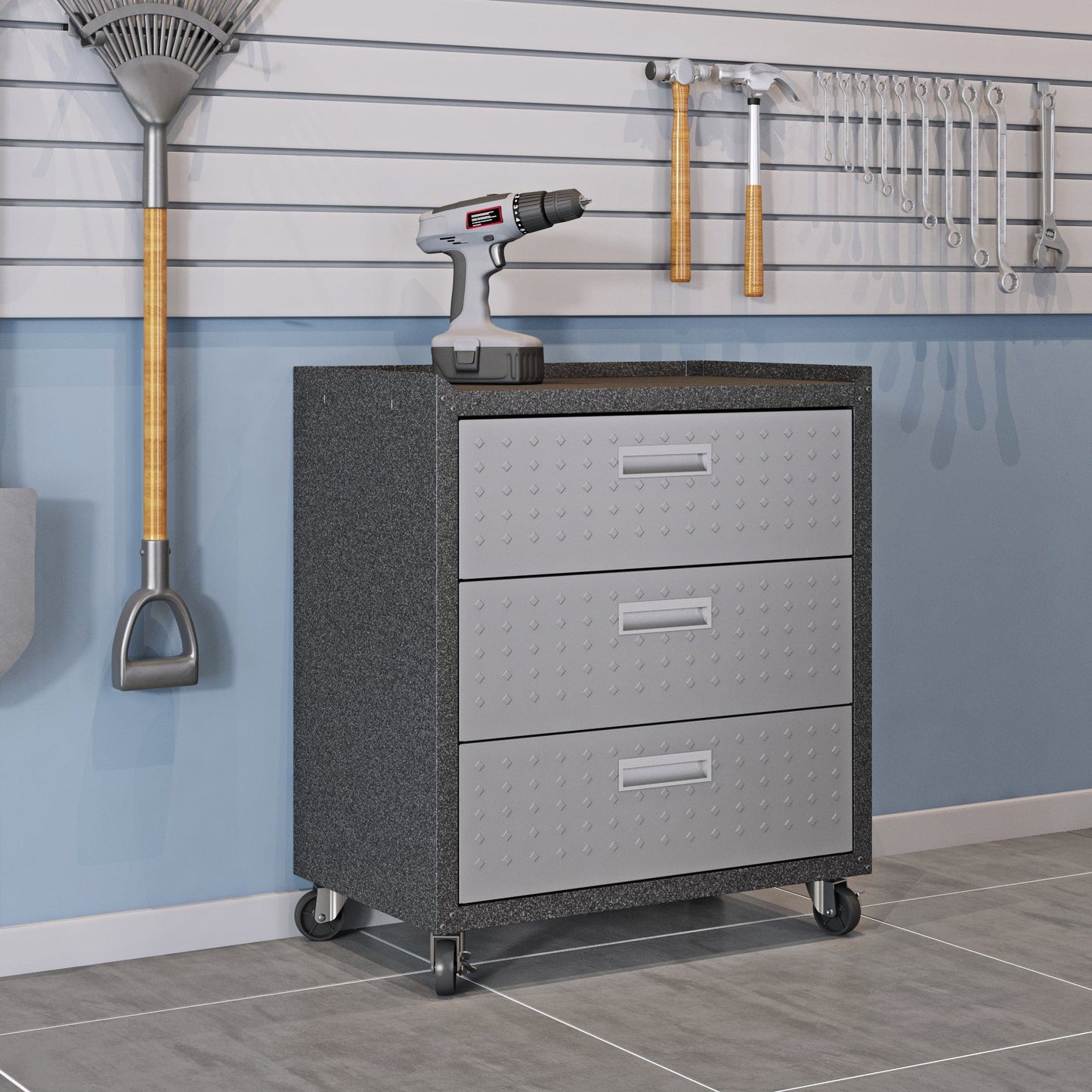 Fortress Textured Metal 31.5" Garage Mobile Chest with 3 Full Extension Drawers