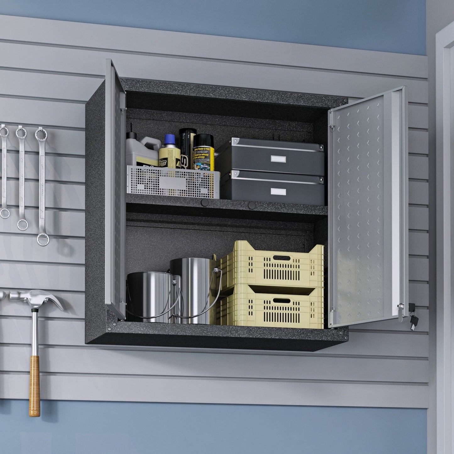 Fortress 30" Floating Textured Metal Garage Cabinet with Adjustable Shelves