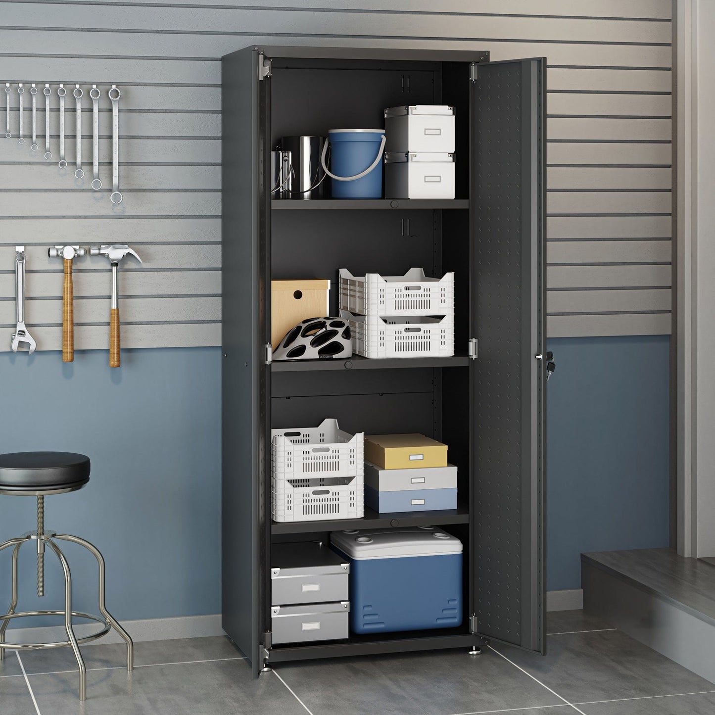 6-Piece Fortress Textured Garage Set with Cabinets, Wall Units and Table