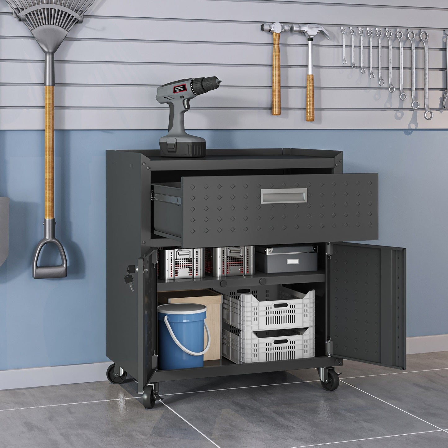 6-Piece Fortress Textured Garage Set with Cabinets, Wall Units and Table