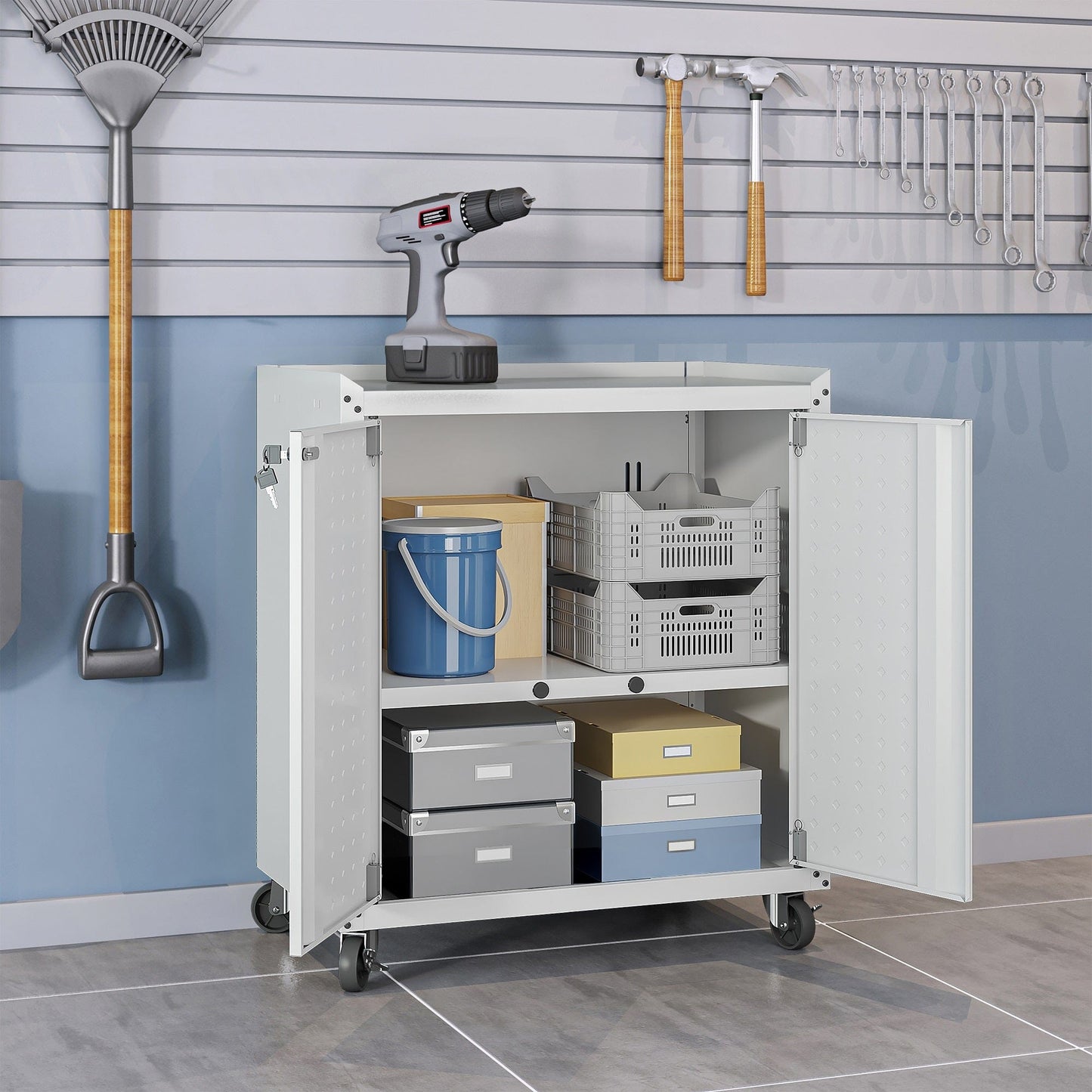 6-Piece Fortress Textured Garage Set with Cabinets, Wall Units and Table