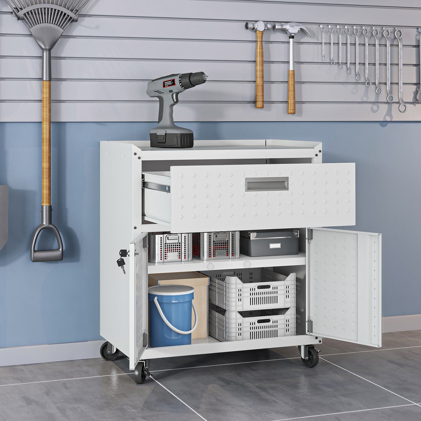 6-Piece Fortress Textured Garage Set with Cabinets, Wall Units and Table