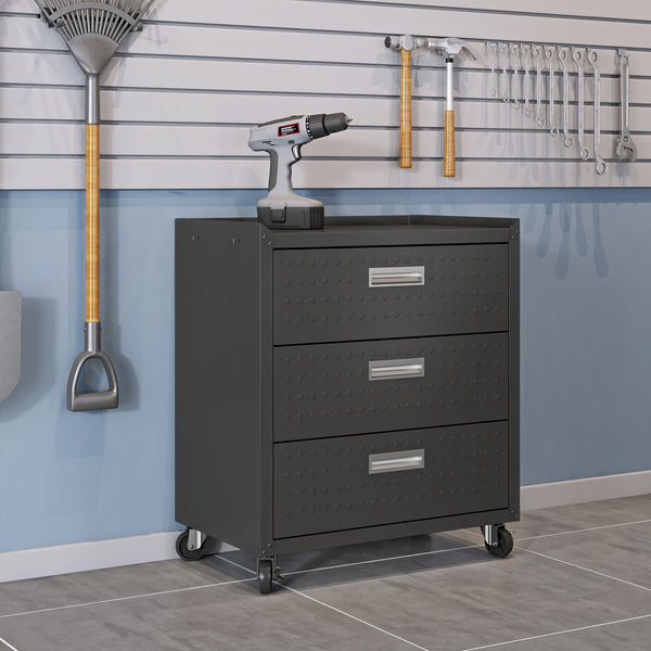 Fortress Textured Metal 31.5 Garage Mobile Chest with 3 Full Extension Drawers
